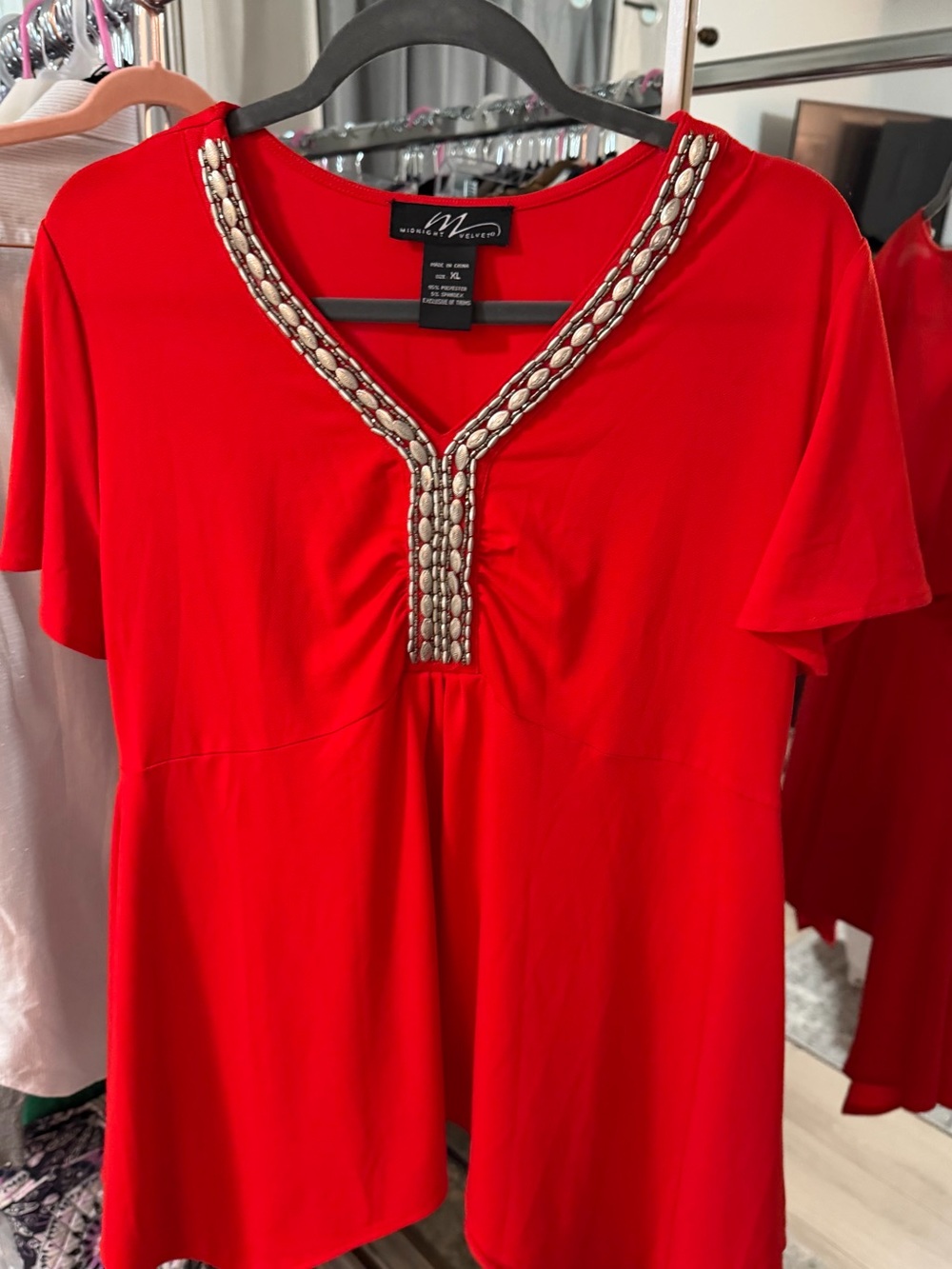 Midnight Velvet Red Beaded V-Neck Tunic
